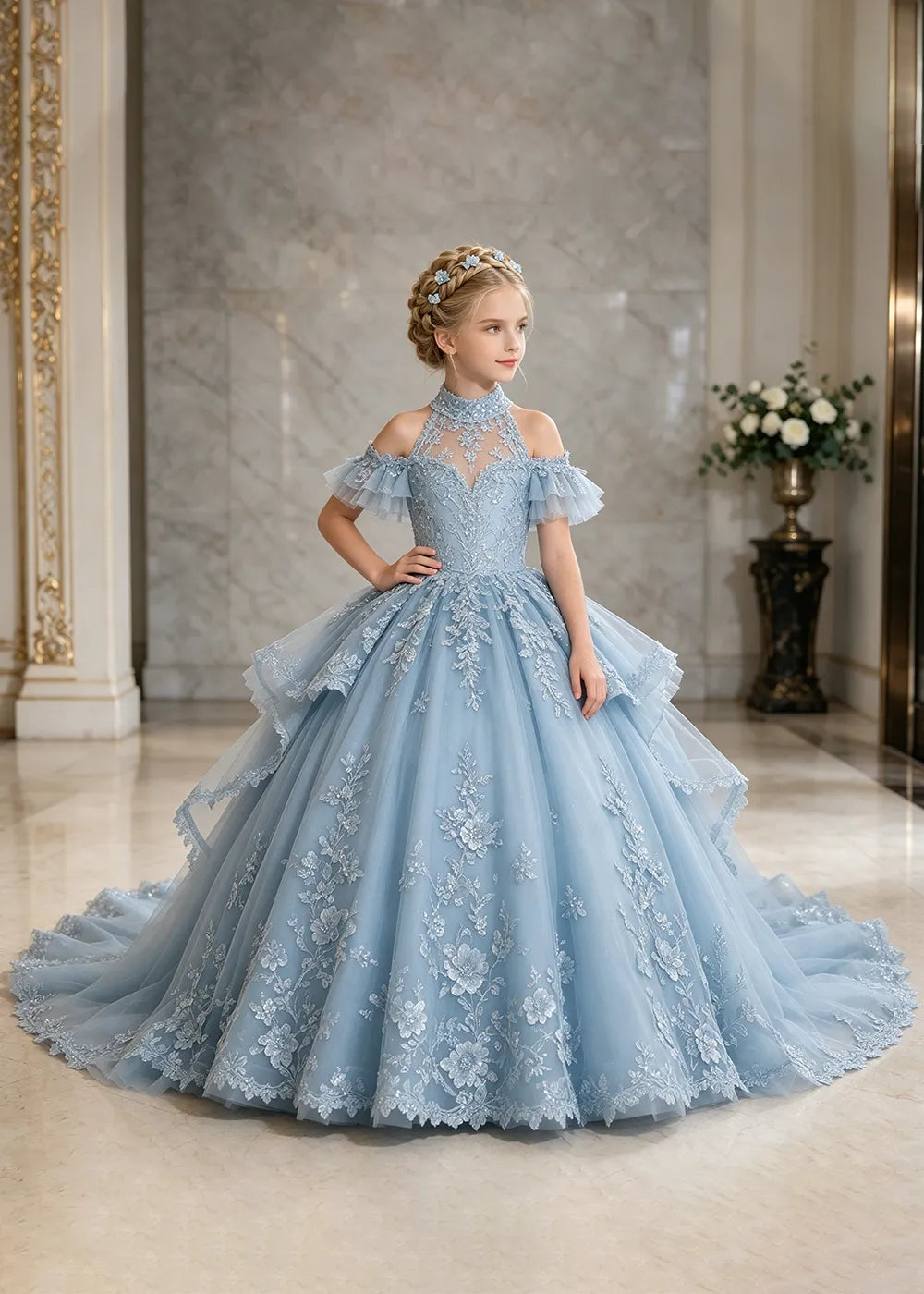 Illusion Neck Peplum Lace Flower Girl Ball Gown Dress