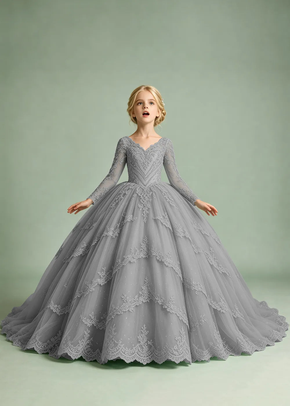 Long Sleeve Floral Lace Princess Dress for Girls