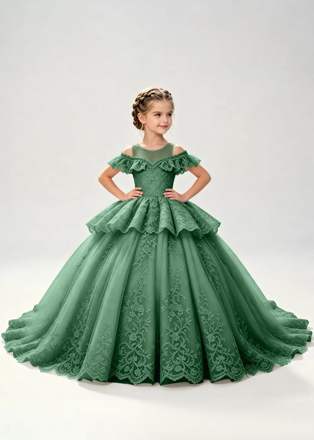 Illusion Neck Tiered Lace Flower Girl Ball Gown Dress