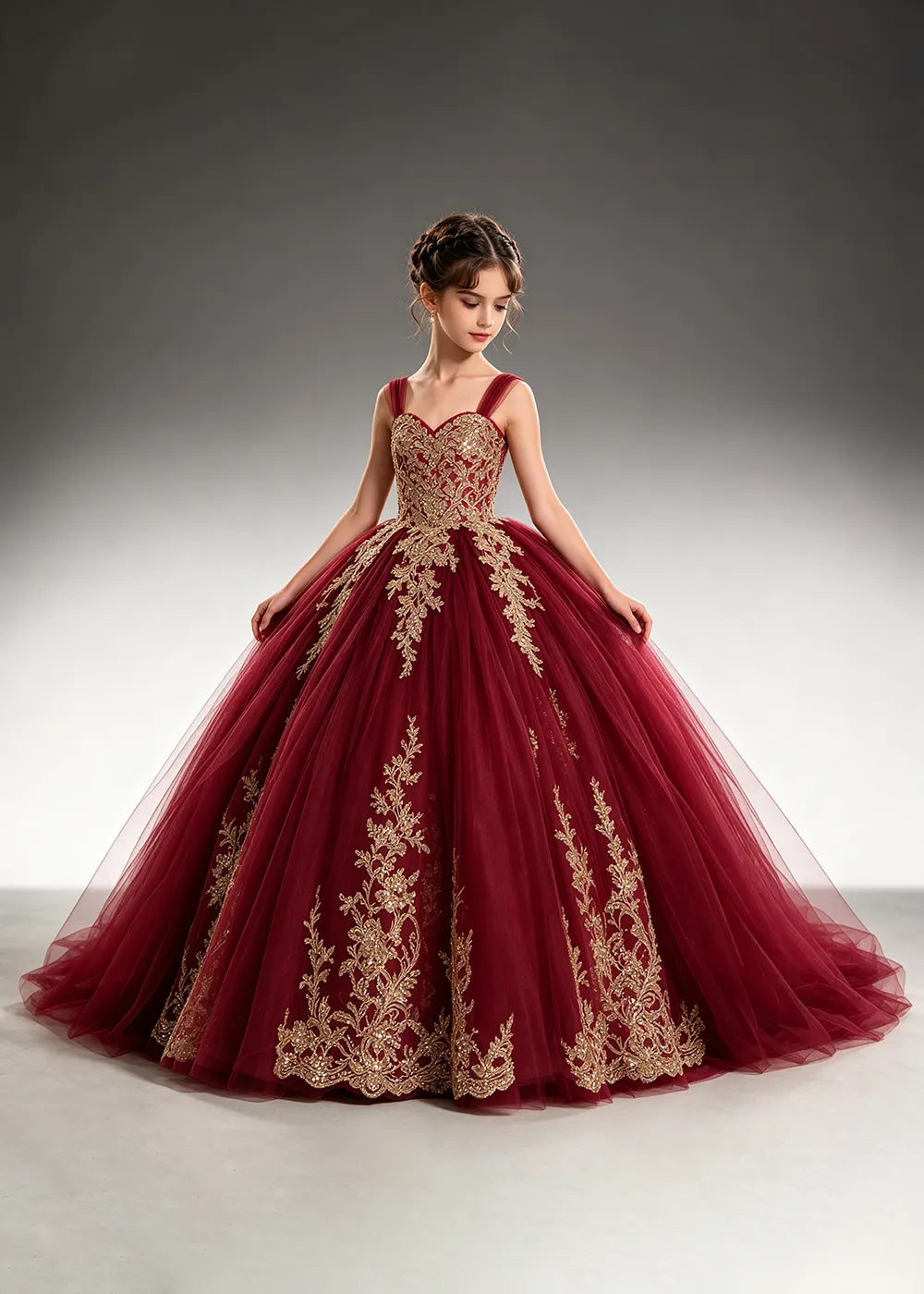 Metallic Appliqué Flower Girl Ball Gown Dress