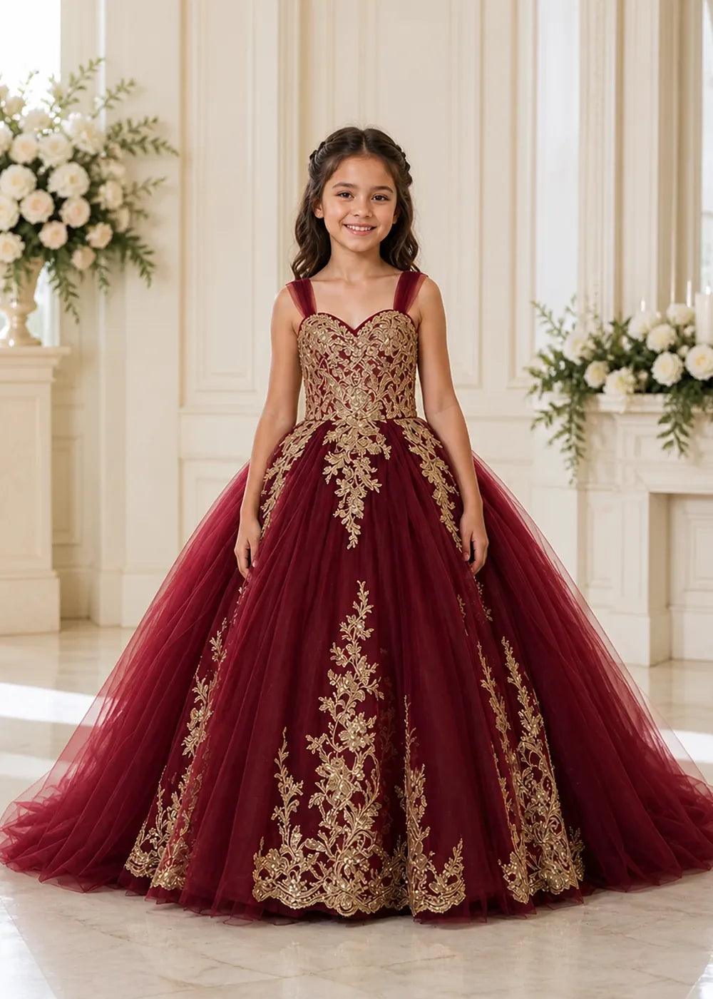 Metallic Appliqué Flower Girl Ball Gown Dress