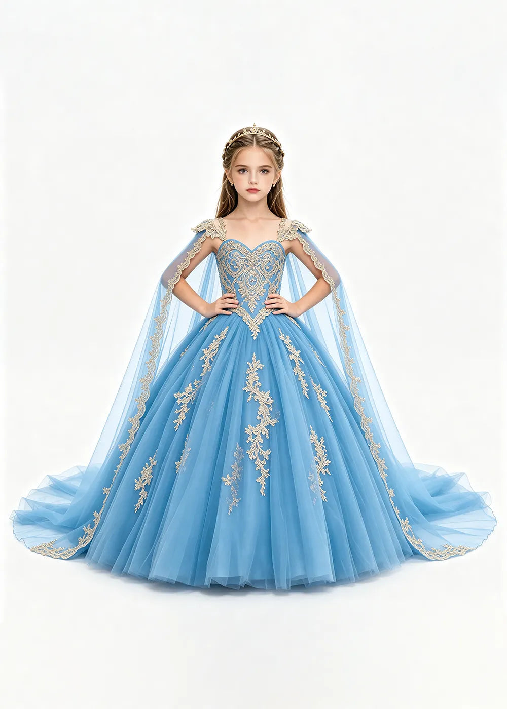 Gold Appliqué Cape Princess Dress for Girls