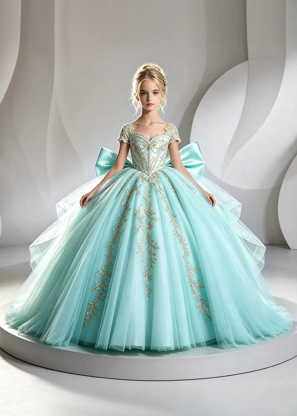 Cap Sleeve Sequin Bodice Flower Girl Dress with Bow and Gold Embroidery