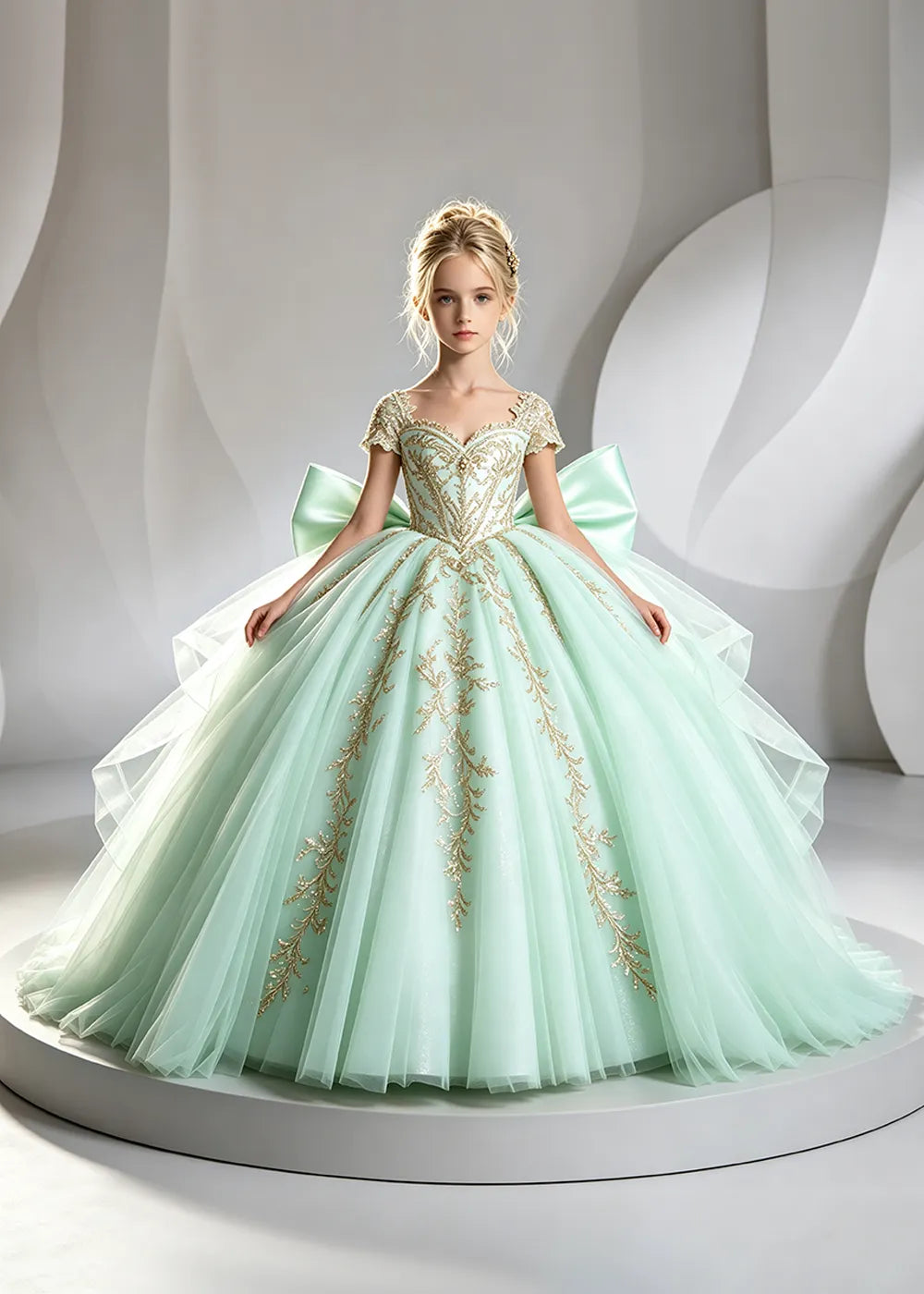Cap Sleeve Sequin Bodice Flower Girl Dress with Bow and Gold Embroidery