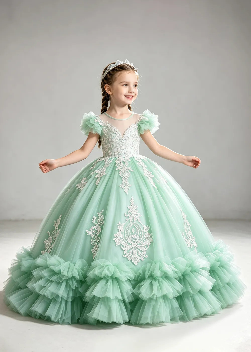 Muted Dusty Blue Flower Girl Ball Gown with White Floral Detail