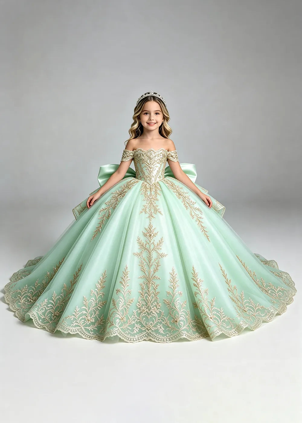 Off-Shoulder Lace Flower Girl Dress with Bow and Scalloped Hem