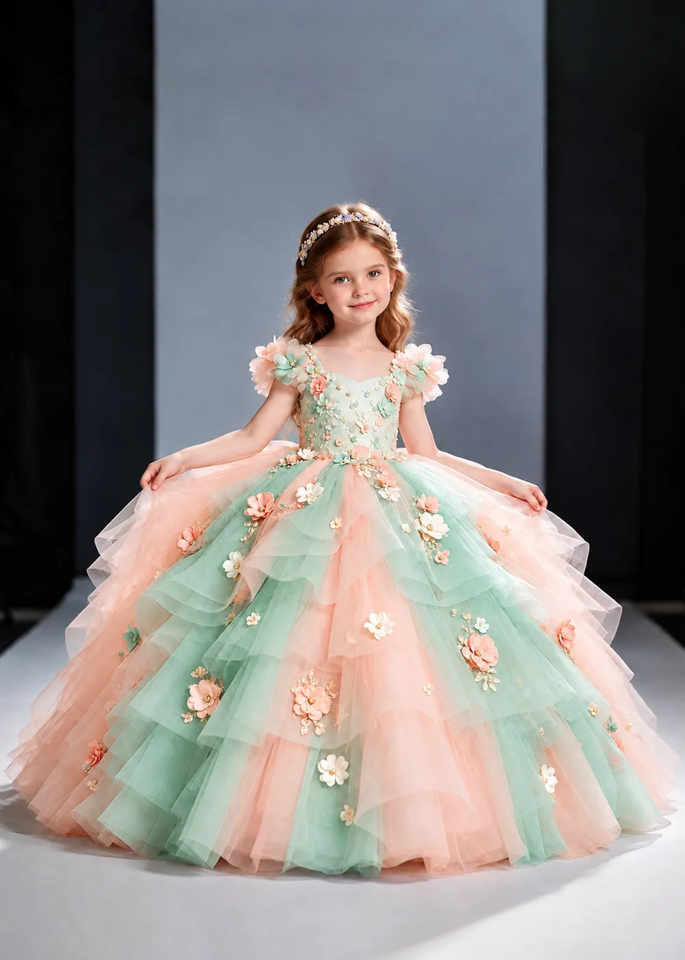 Pink and Blue Flower Girl Ball Gown with Floral Tiers
