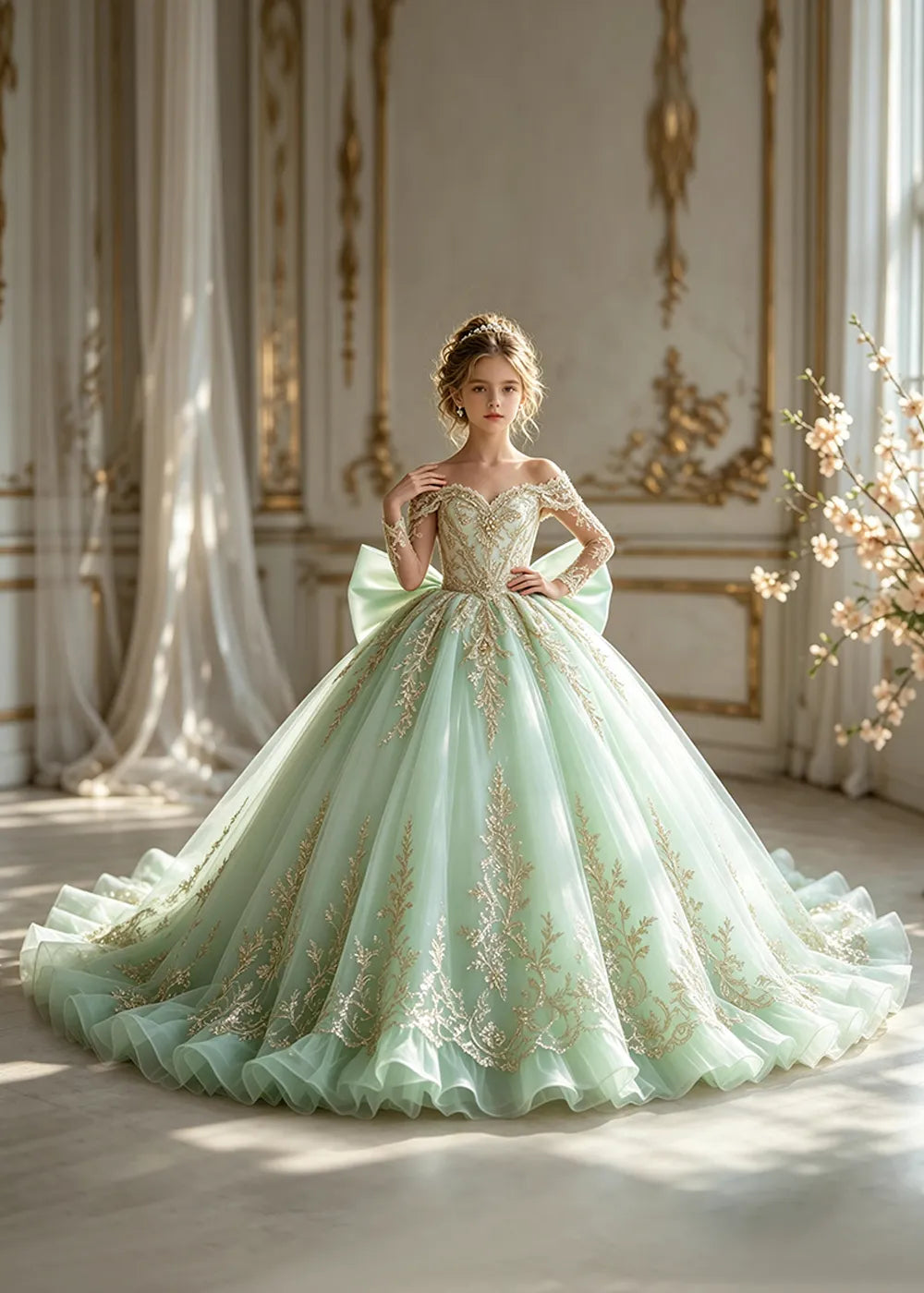 Off-Shoulder Sequin Lace Flower Girl Dress with Bow and Flounced Hem