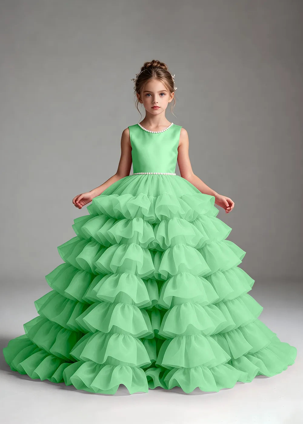Pink Pearl-Trimmed Tiered Ruffle Flower Girl Dress