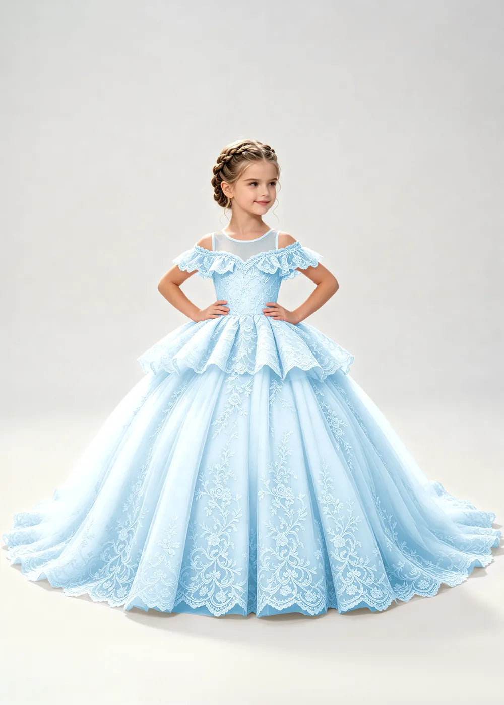 Illusion Neck Tiered Lace Princess Dress for Girls