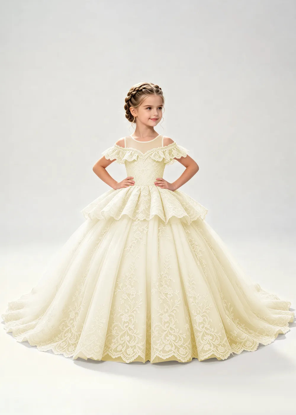 Illusion Neck Tiered Lace Princess Dress for Girls