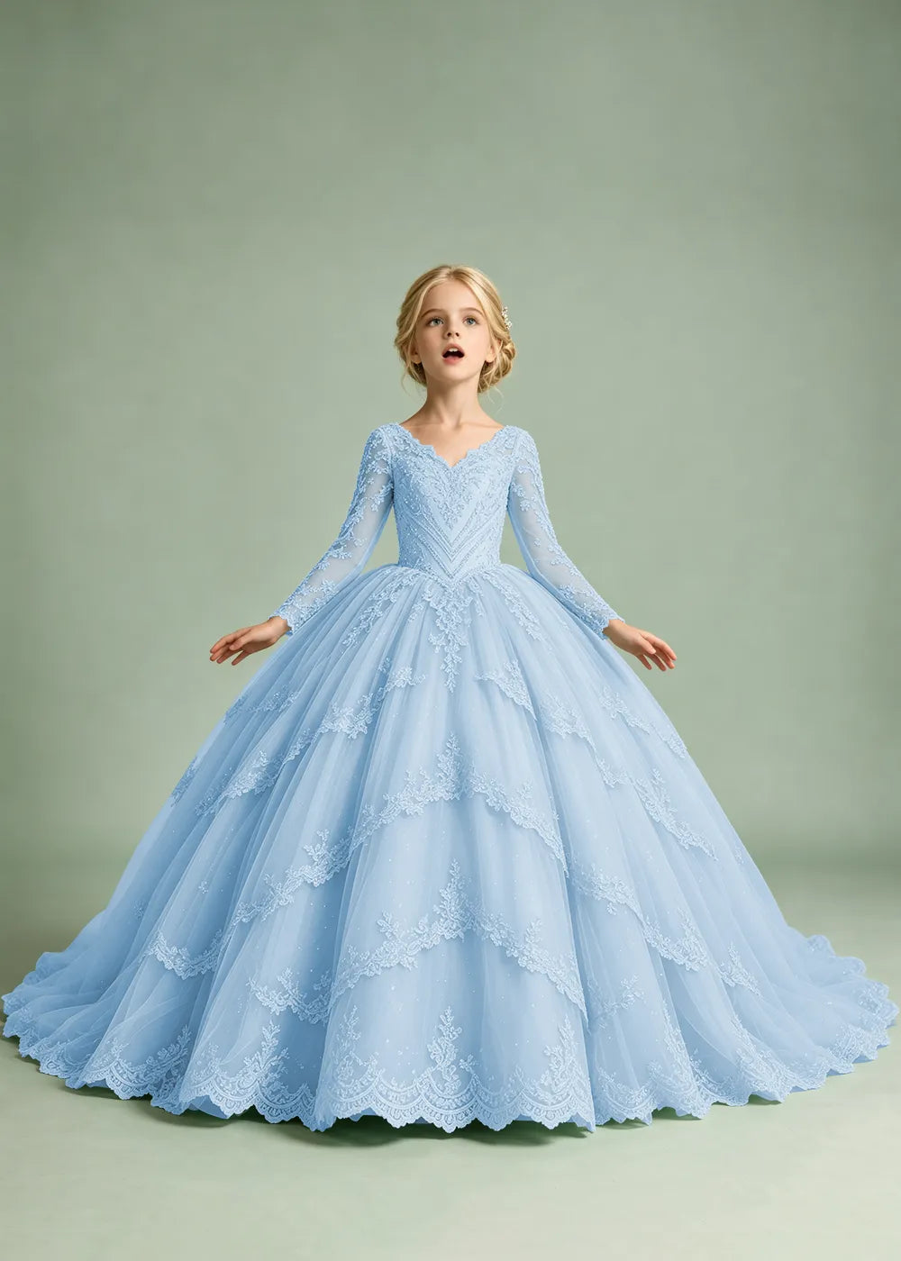 Long Sleeve Floral Lace Flower Girl Ball Gown Dress