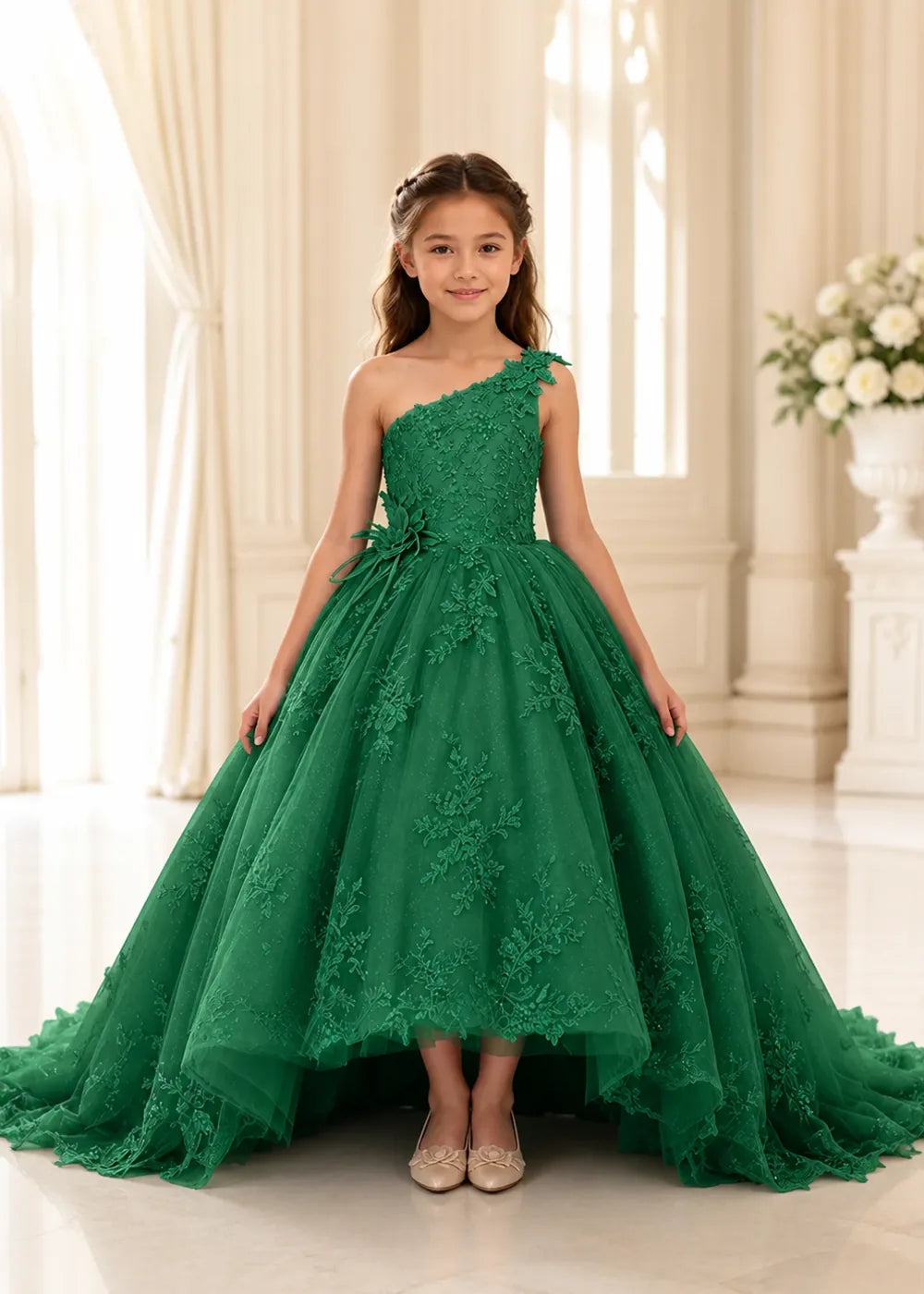 One-Shoulder High-Low Lace Princess Dress for Girls