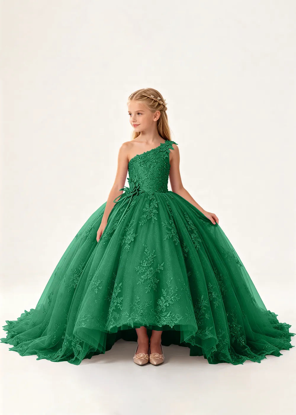 One-Shoulder High-Low Lace Princess Dress for Girls
