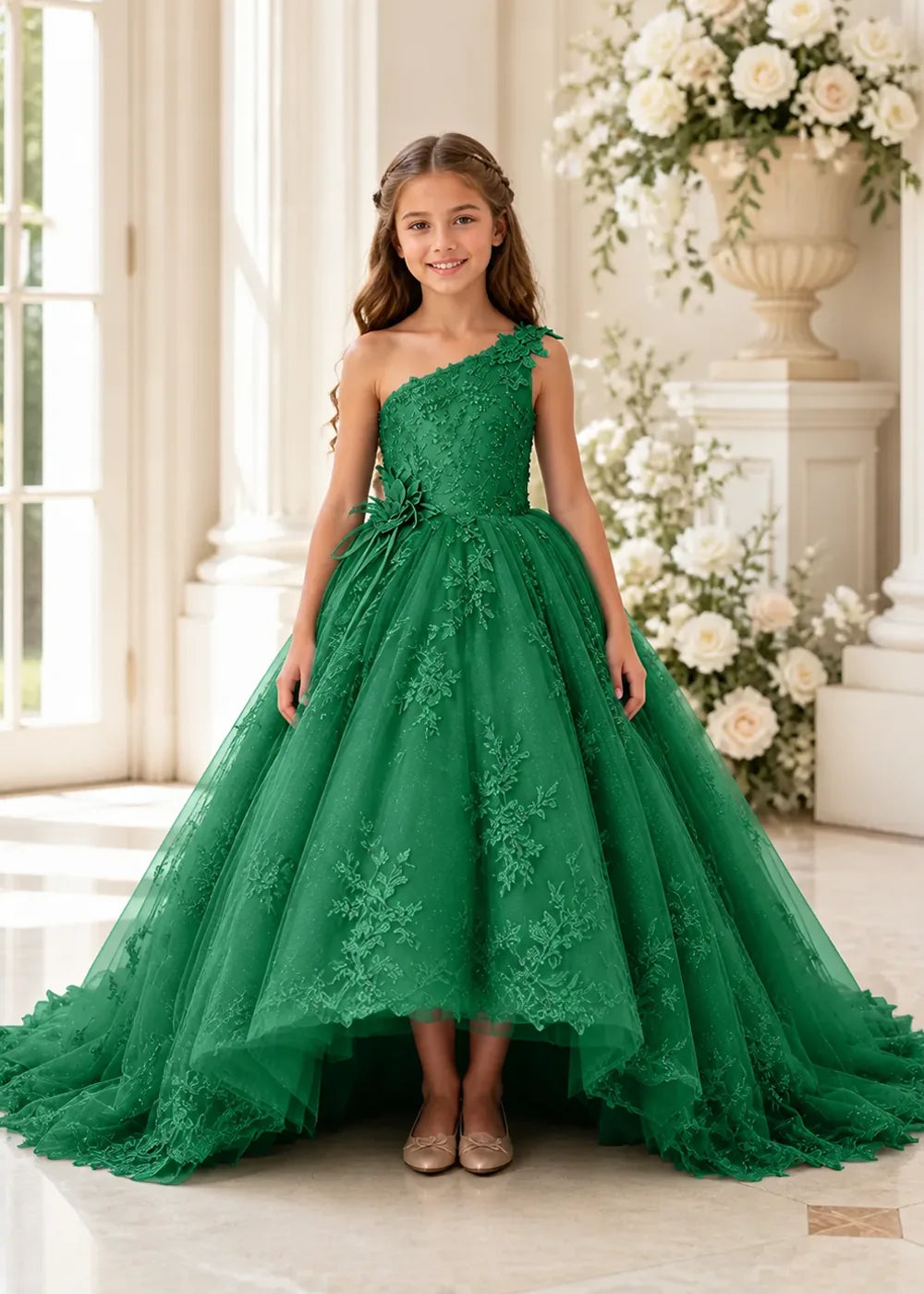 One-Shoulder High-Low Lace Princess Dress for Girls