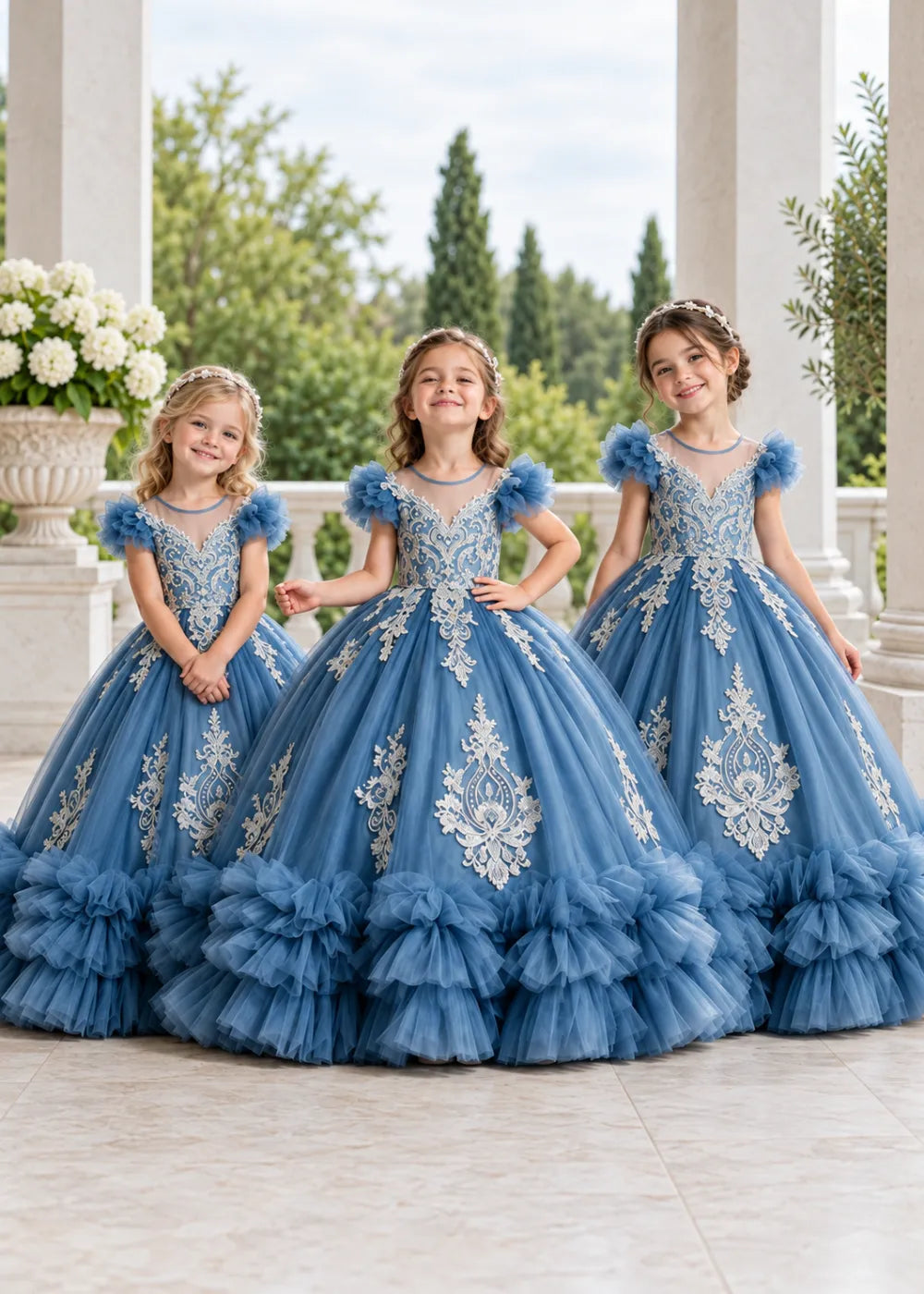 Muted Dusty Blue Flower Girl Ball Gown with White Floral Detail