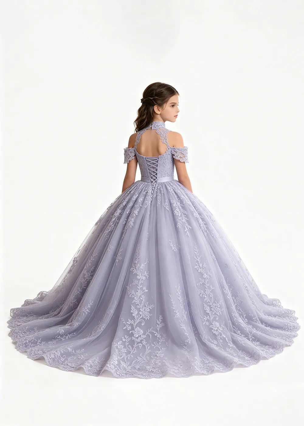 Lavender Flower Girl Gown with Floral Neckline and Train