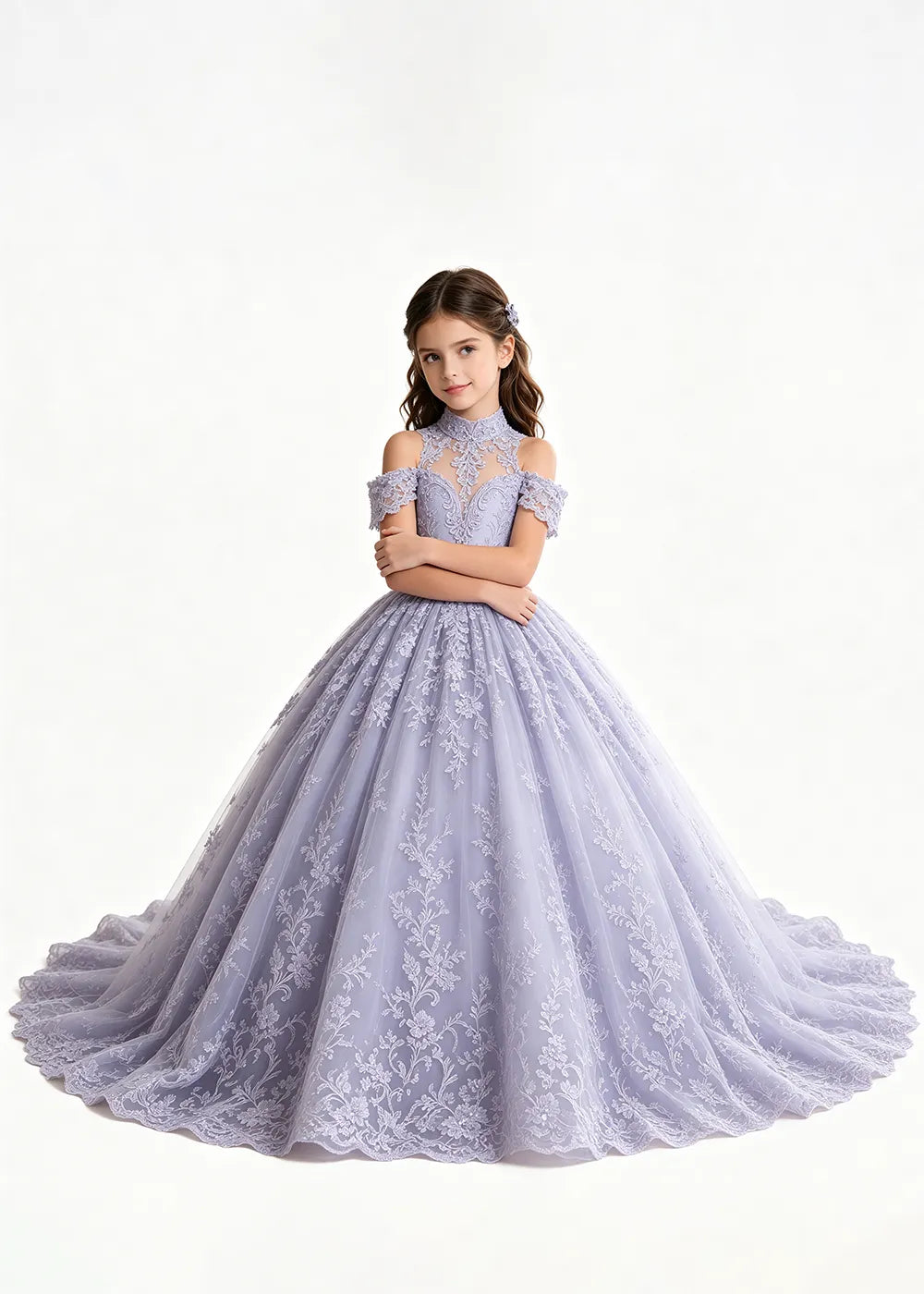 Lavender Flower Girl Gown with Floral Neckline and Train