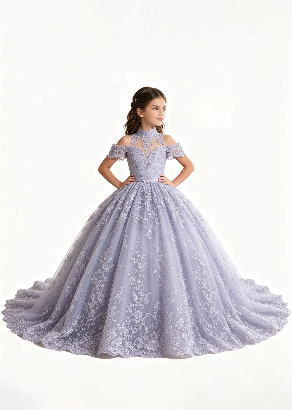 Lavender Flower Girl Gown with Floral Neckline and Train