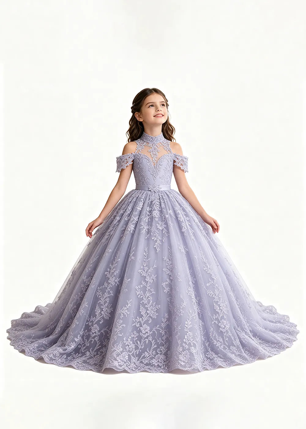 Lavender Flower Girl Gown with Floral Neckline and Train