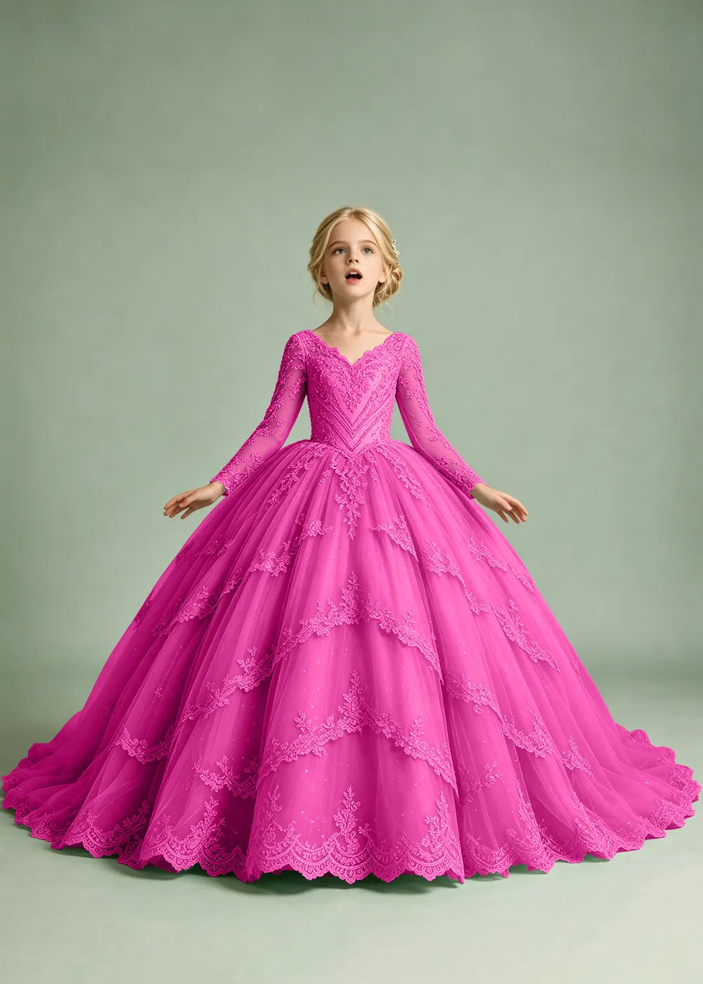 Long Sleeve Floral Lace Princess Dress for Girls