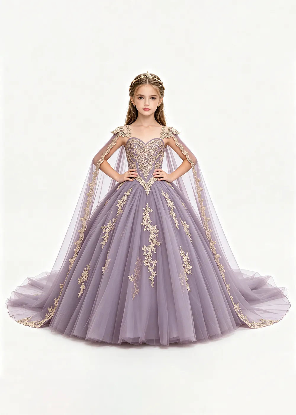 Gold Appliqué Cape Flower Girl Ball Gown Dress