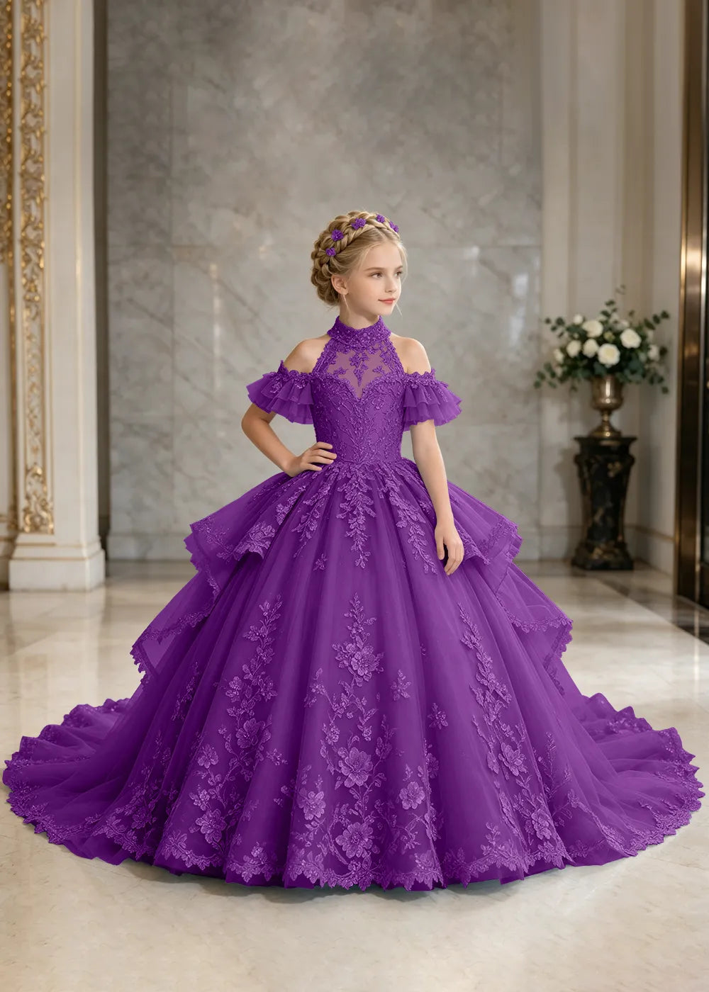 Illusion Neck Peplum Lace Flower Girl Ball Gown Dress