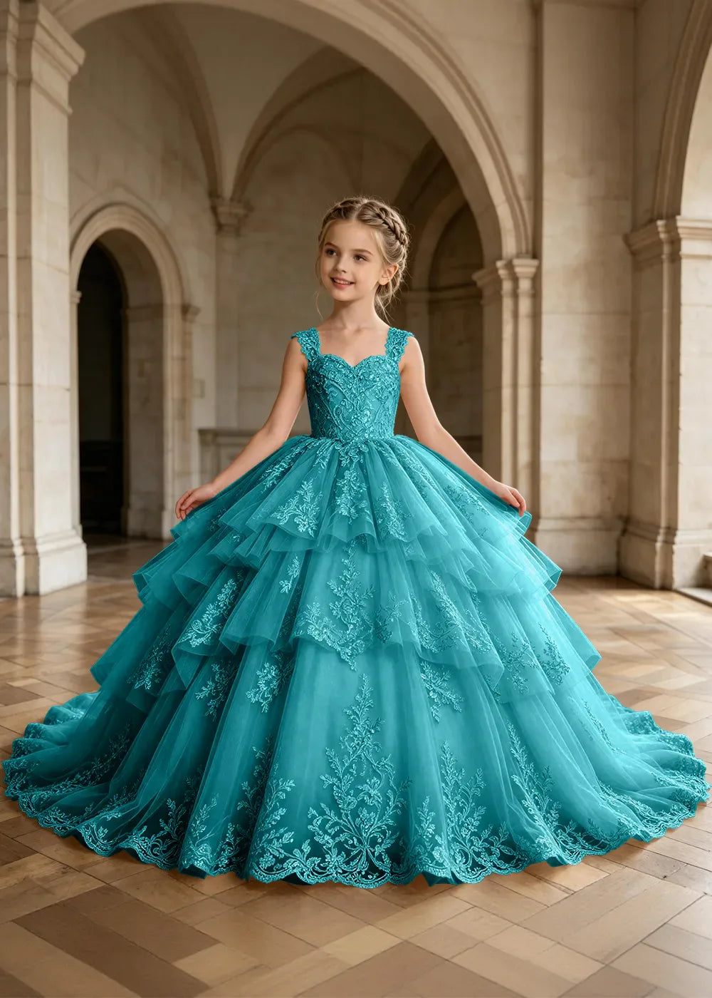 Tiered Lace Sleeveless Flower Girl Ball Gown Dress