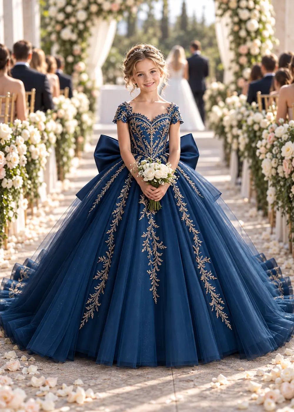 Cap Sleeve Sequin Bodice Flower Girl Dress with Bow and Gold Embroidery