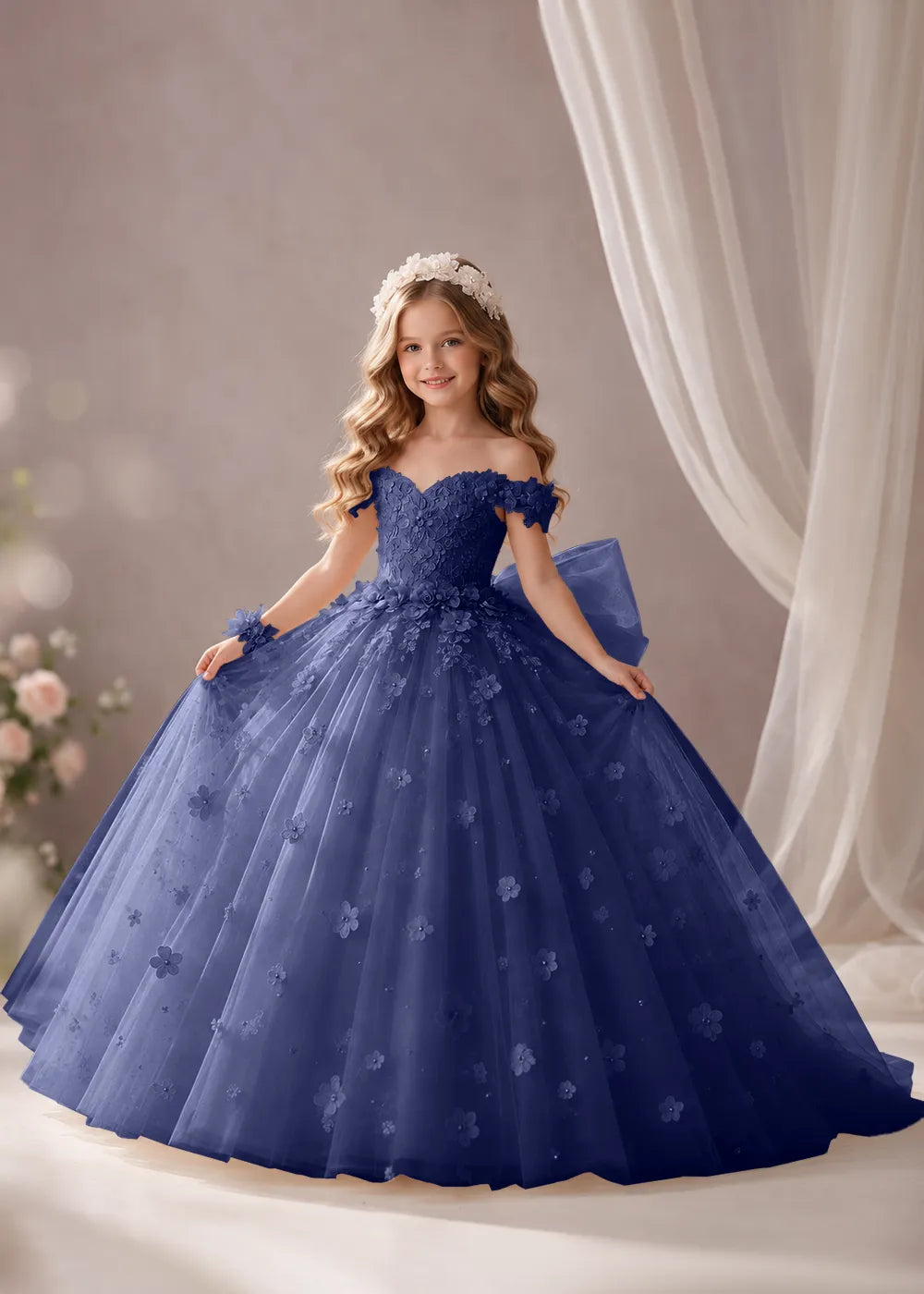 Ivory Flower Girl Dress with Off-Shoulder Florals and a Bow