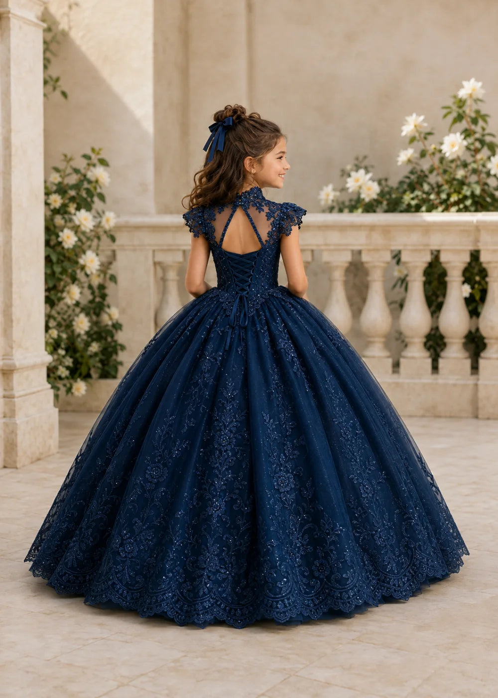 Navy Flower Girl Ball Gown with High Floral Collar