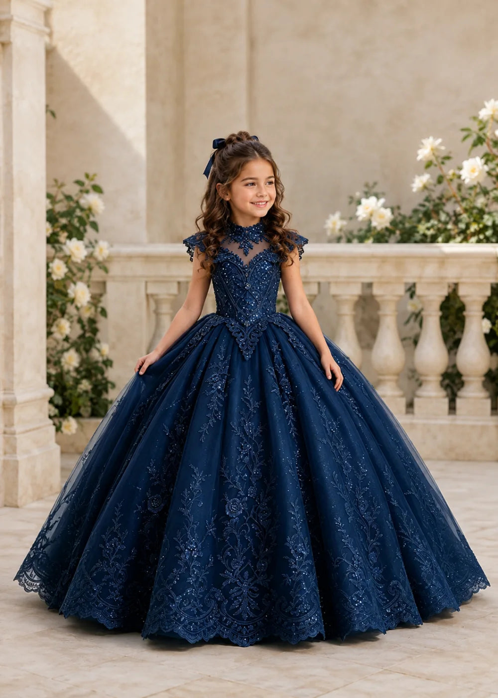 Navy Flower Girl Ball Gown with High Floral Collar