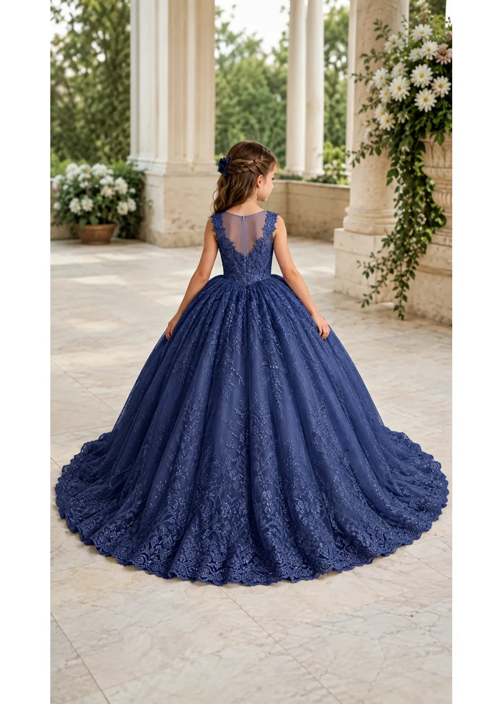 Navy Sleeveless Flower Girl Gown with Scalloped Train