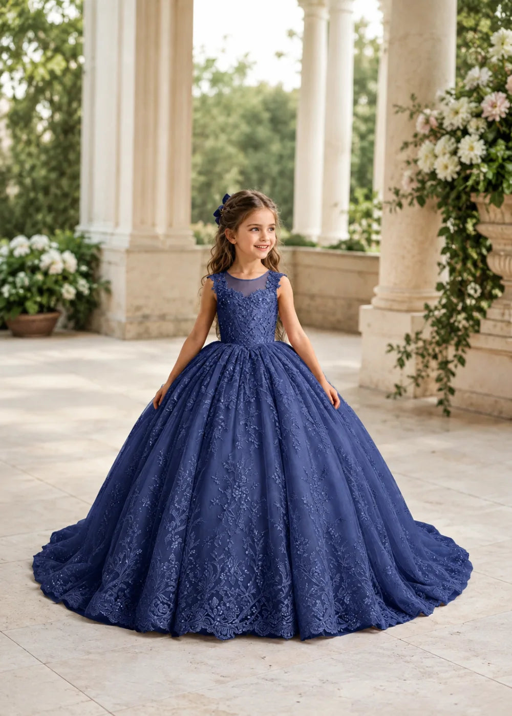 Navy Sleeveless Flower Girl Gown with Scalloped Train