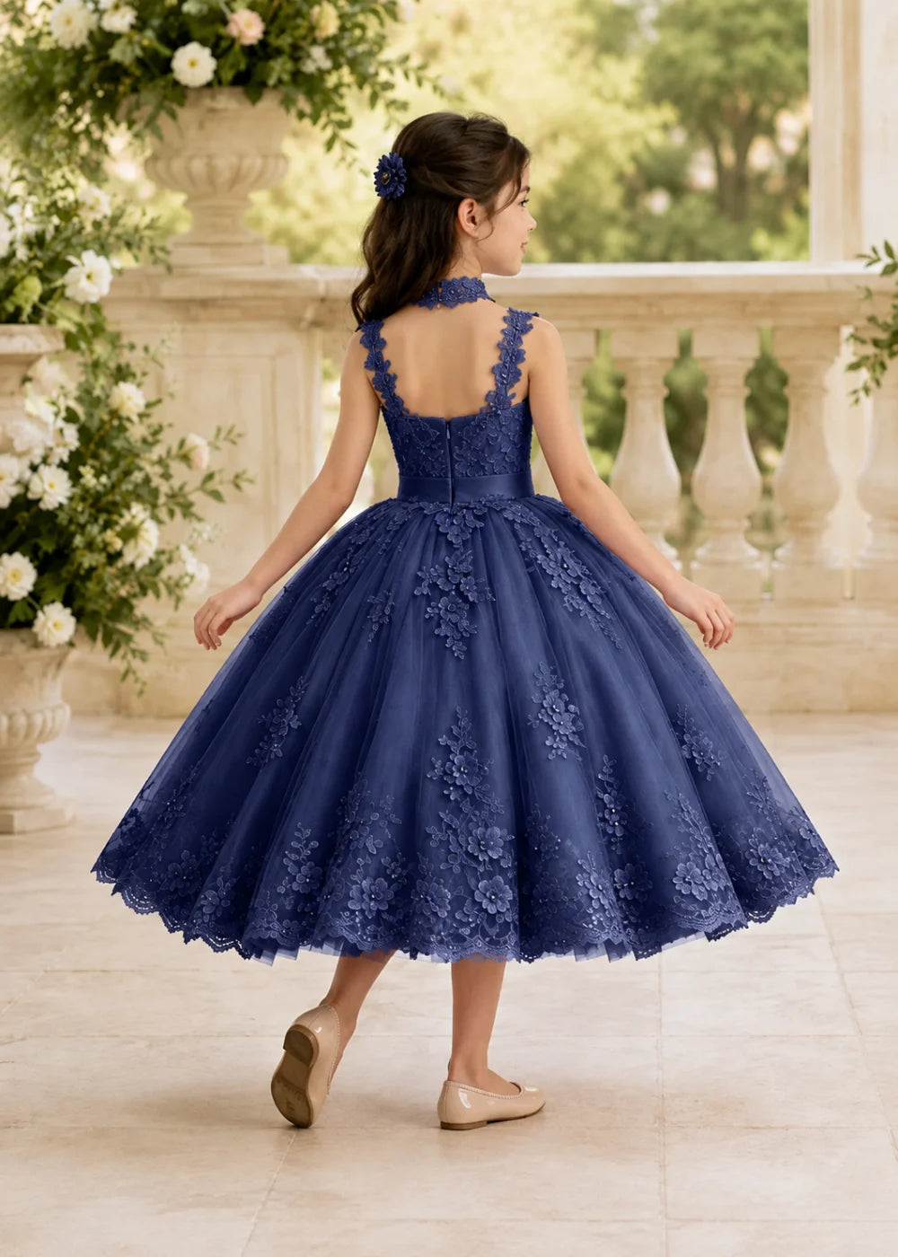 Navy Tea-Length Flower Girl Gown with Floral Neck Band