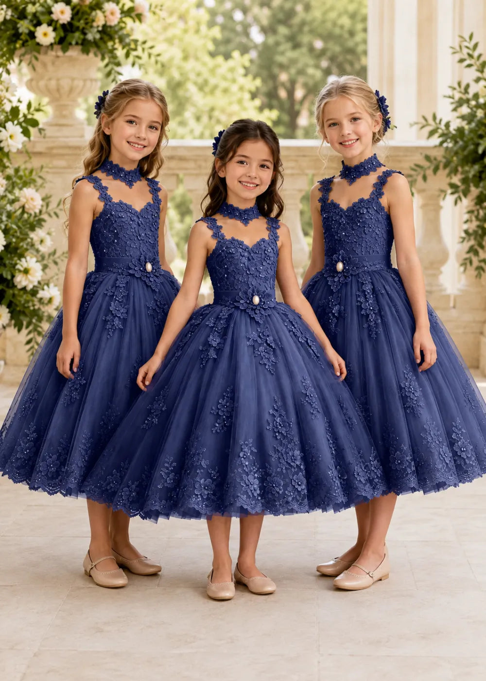 Navy Tea-Length Flower Girl Gown with Floral Neck Band