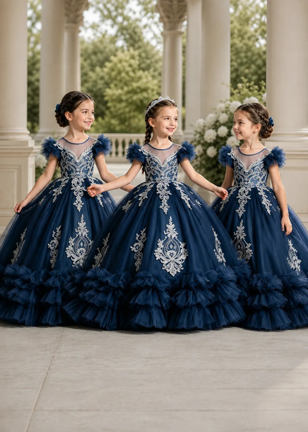 Navy Flower Girl Ball Gown with White Floral Appliqués