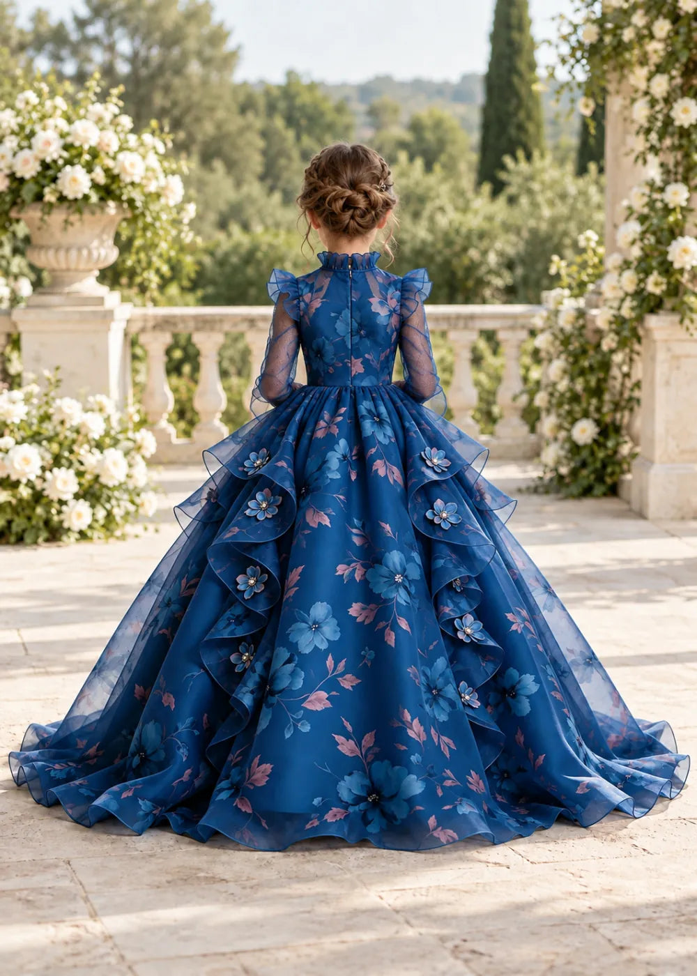 Navy Blue Floral Ruffle-Collar Flower Girl Dress
