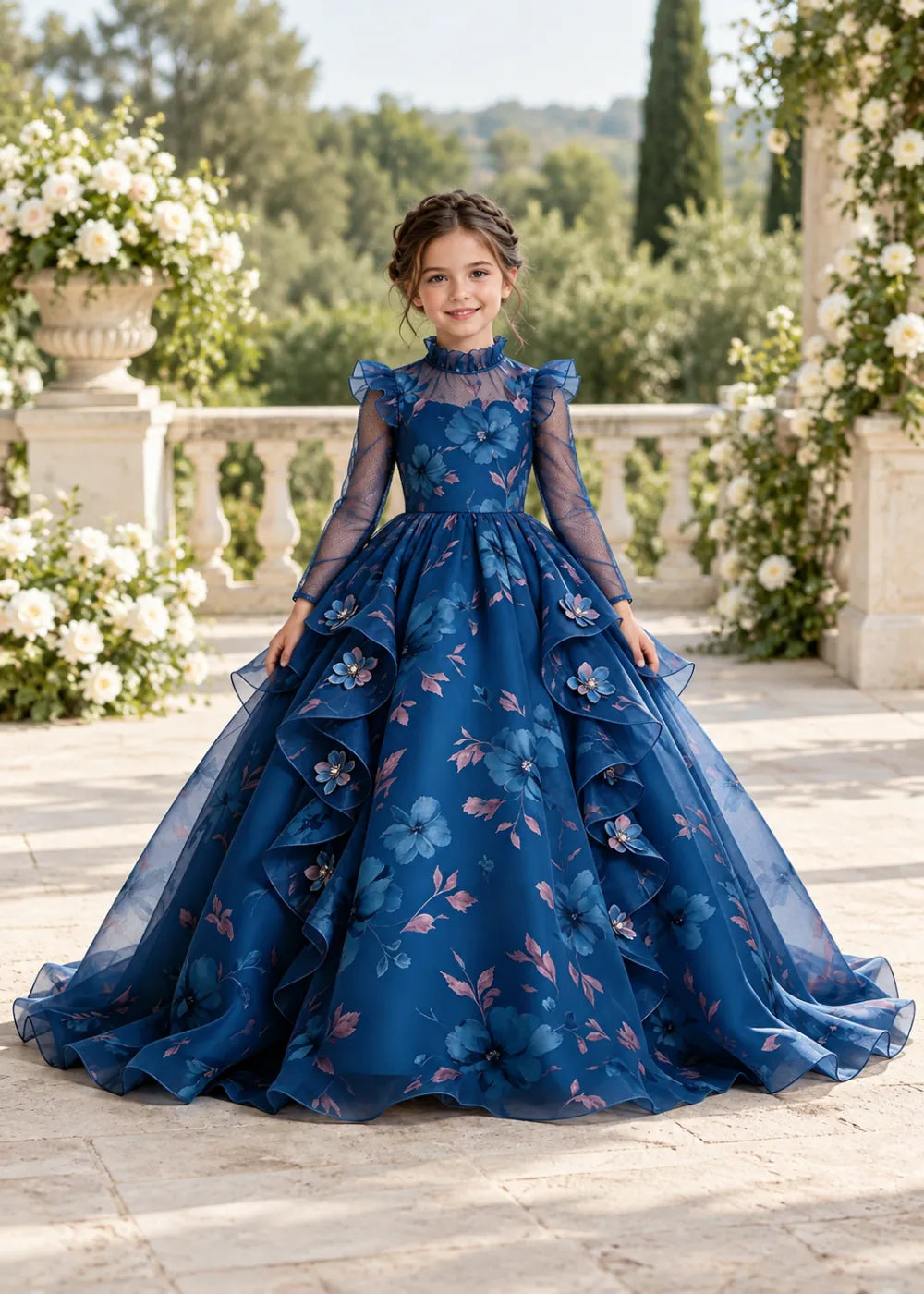 Navy Blue Floral Ruffle-Collar Flower Girl Dress