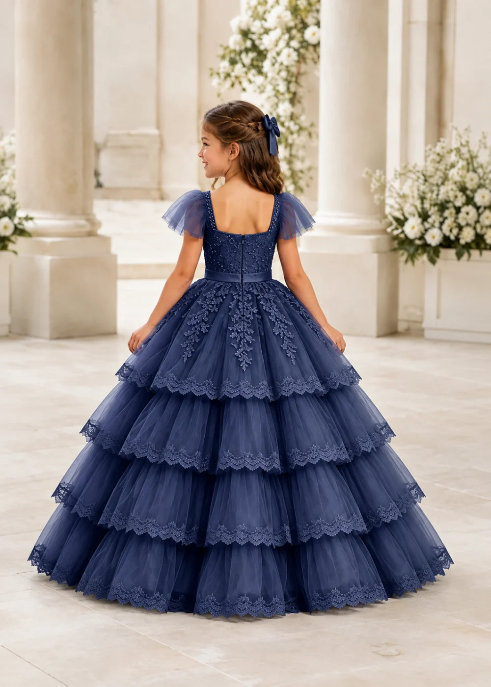 Navy Four-Tier Flower Girl Gown with Front Bow
