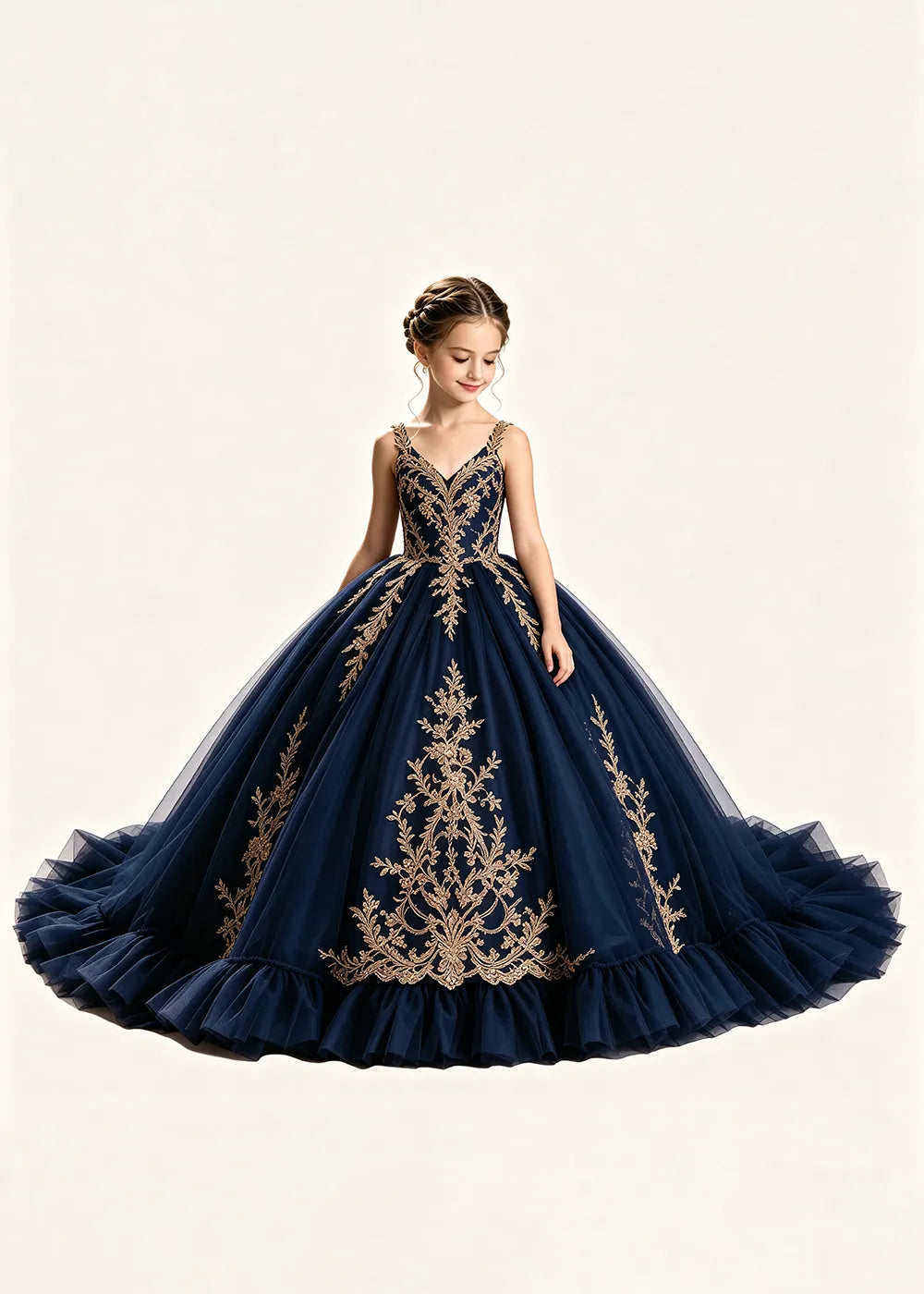 Gold Appliqué V-Neck Flower Girl Ball Gown Dress