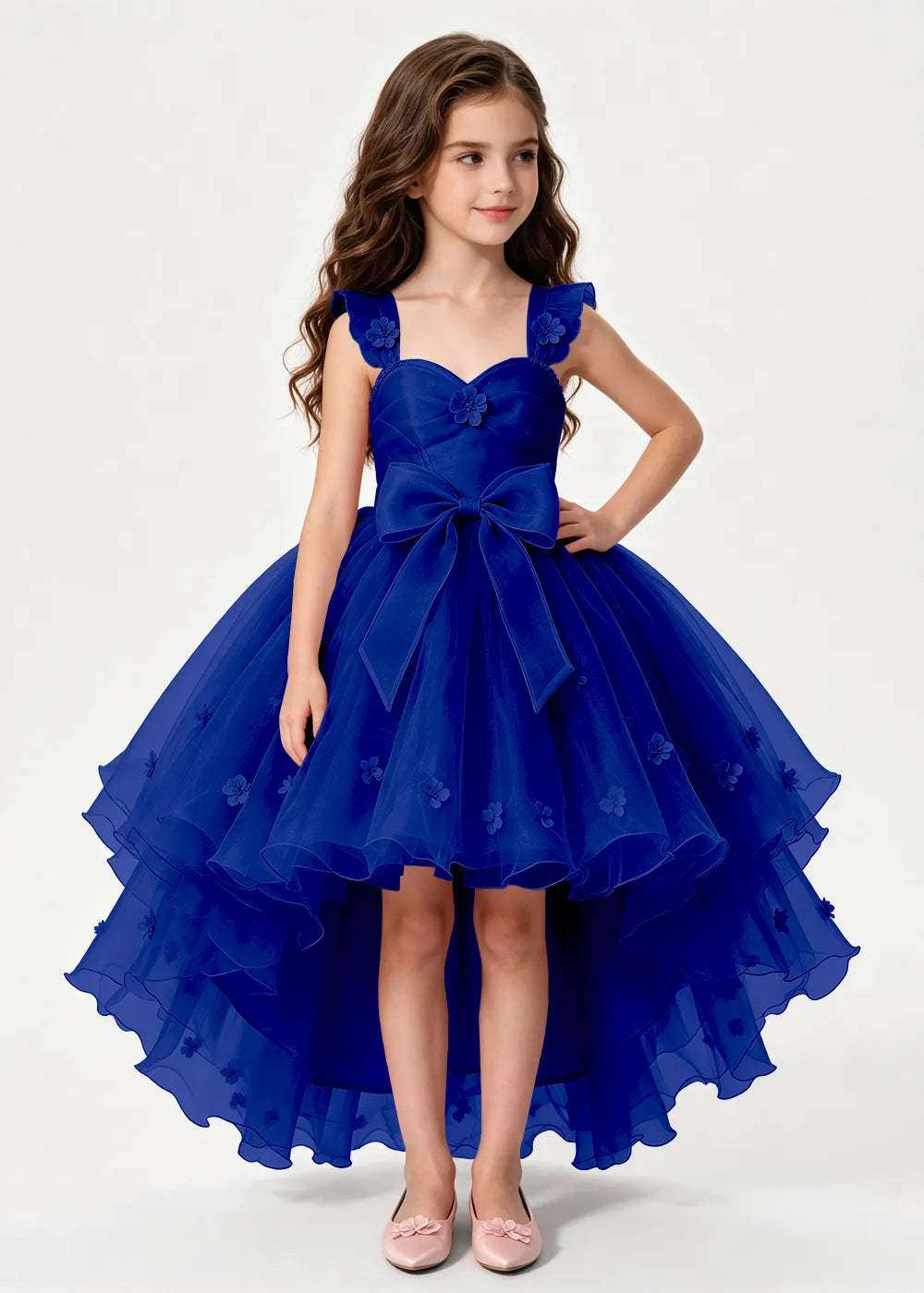 Navy High-Low Flower Girl Gown with Large Front Bow