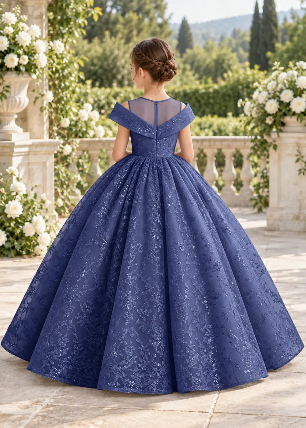 Navy Blue Illusion-Band Floral Flower Girl Dress
