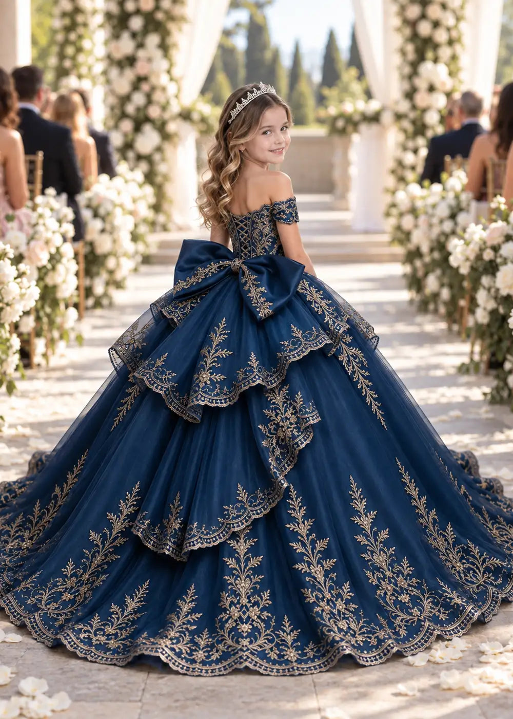 Off-Shoulder Lace Flower Girl Dress with Bow and Scalloped Hem