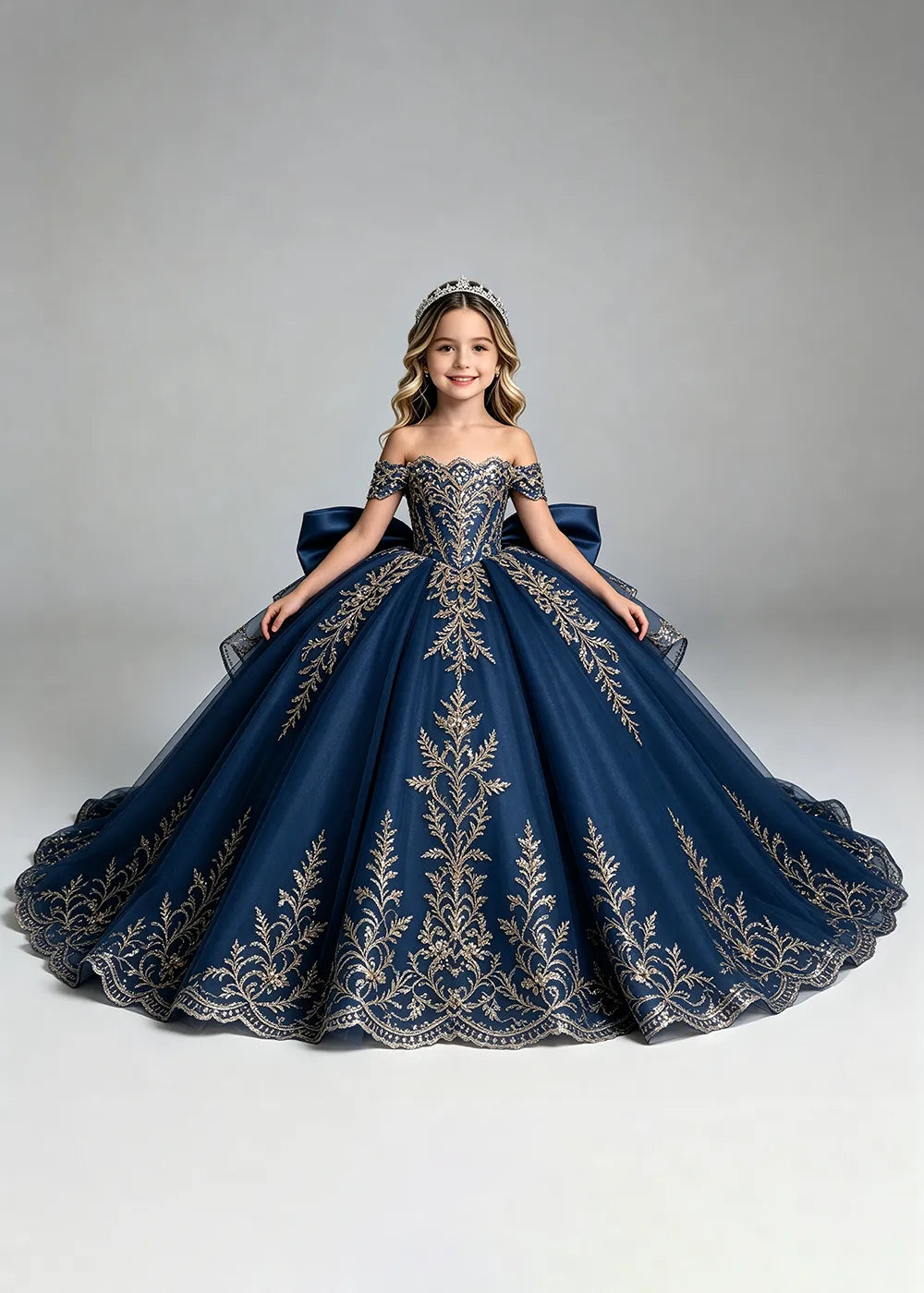 Off-Shoulder Lace Flower Girl Dress with Bow and Scalloped Hem