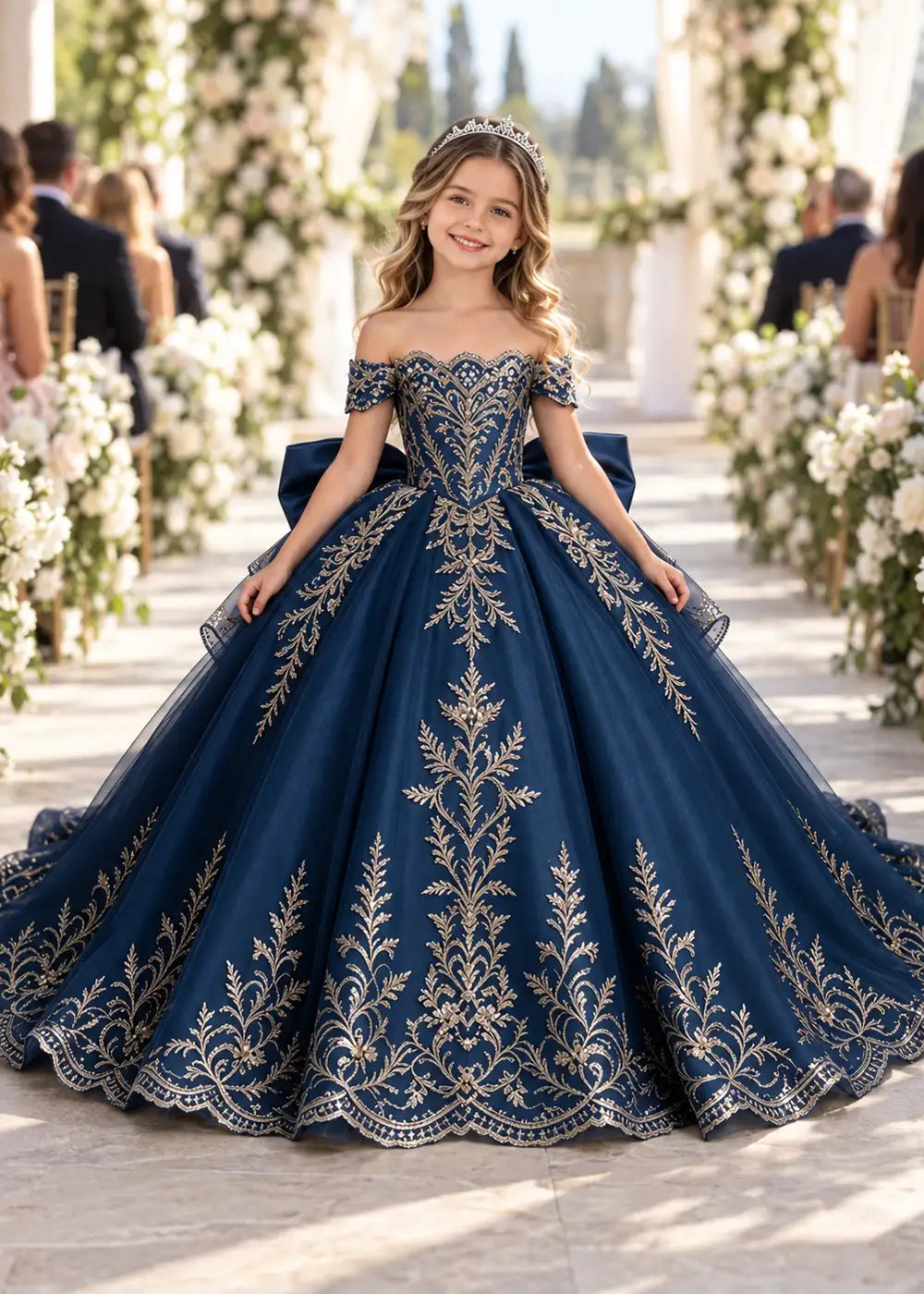 Off-Shoulder Lace Flower Girl Dress with Bow and Scalloped Hem