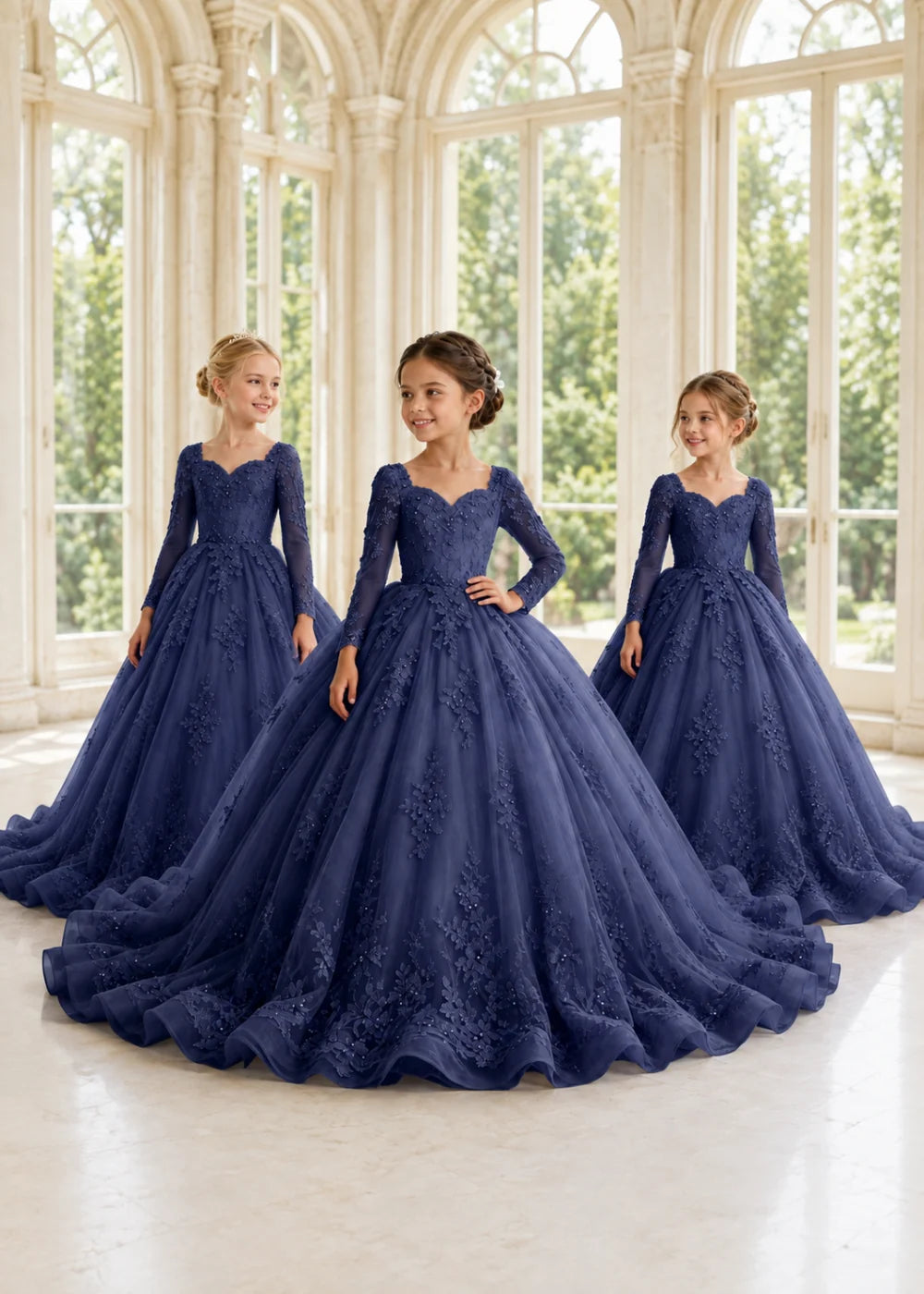 Navy Floral Flower Girl Gown with Long Sleeves