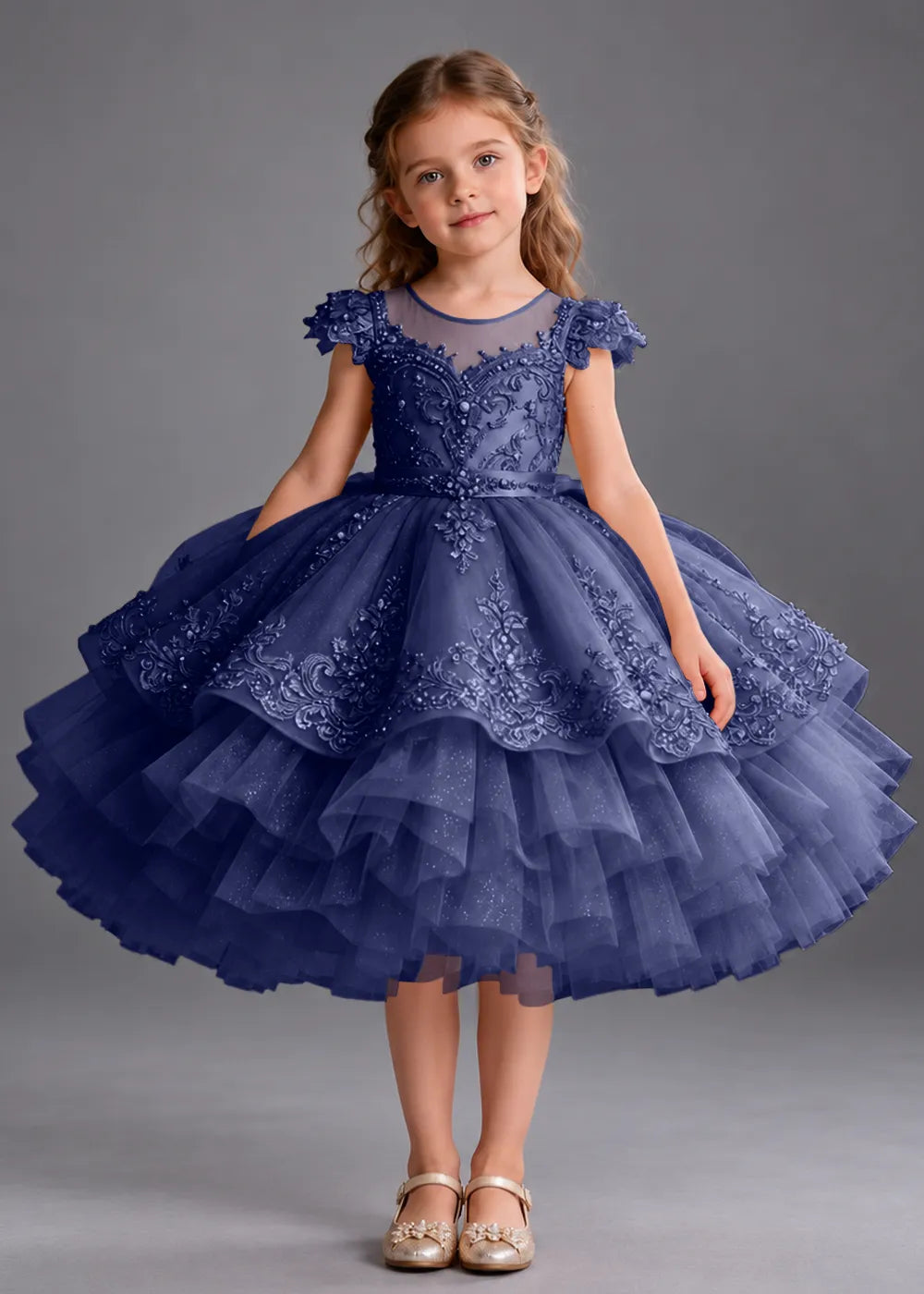 Navy Blue Flower Girl Dress with Beaded Lace and Short Ruffle Skirt