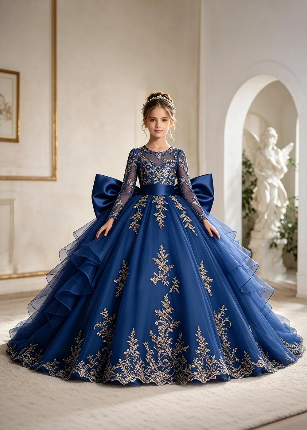 Navy Blue Gold Lace Flower Girl Gown with Ruffles and Long Bow Tails
