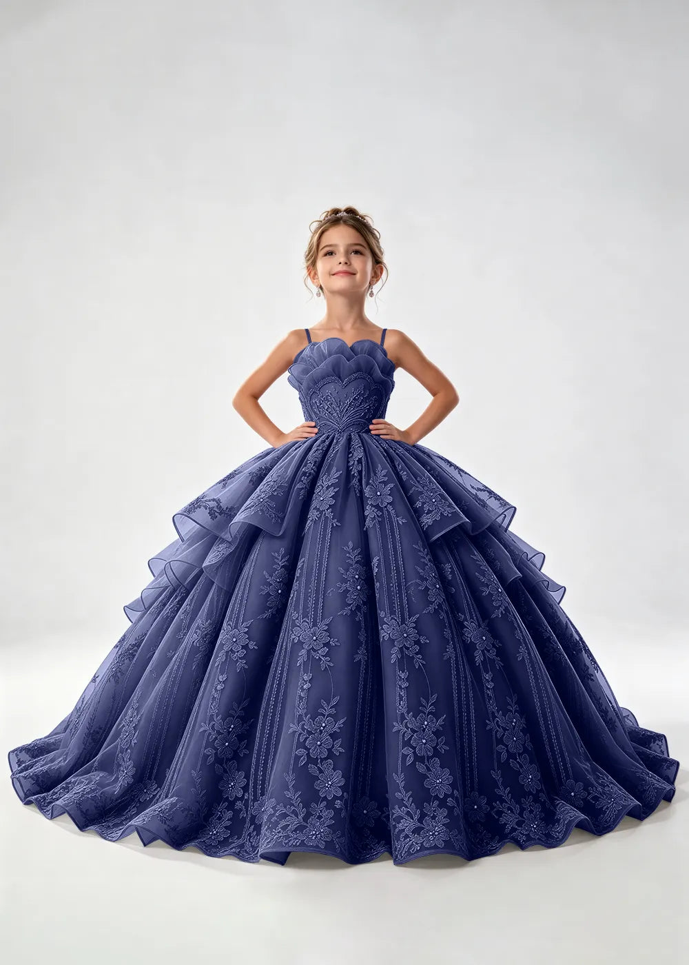 Flower girl dress in Navy Blue, front view.